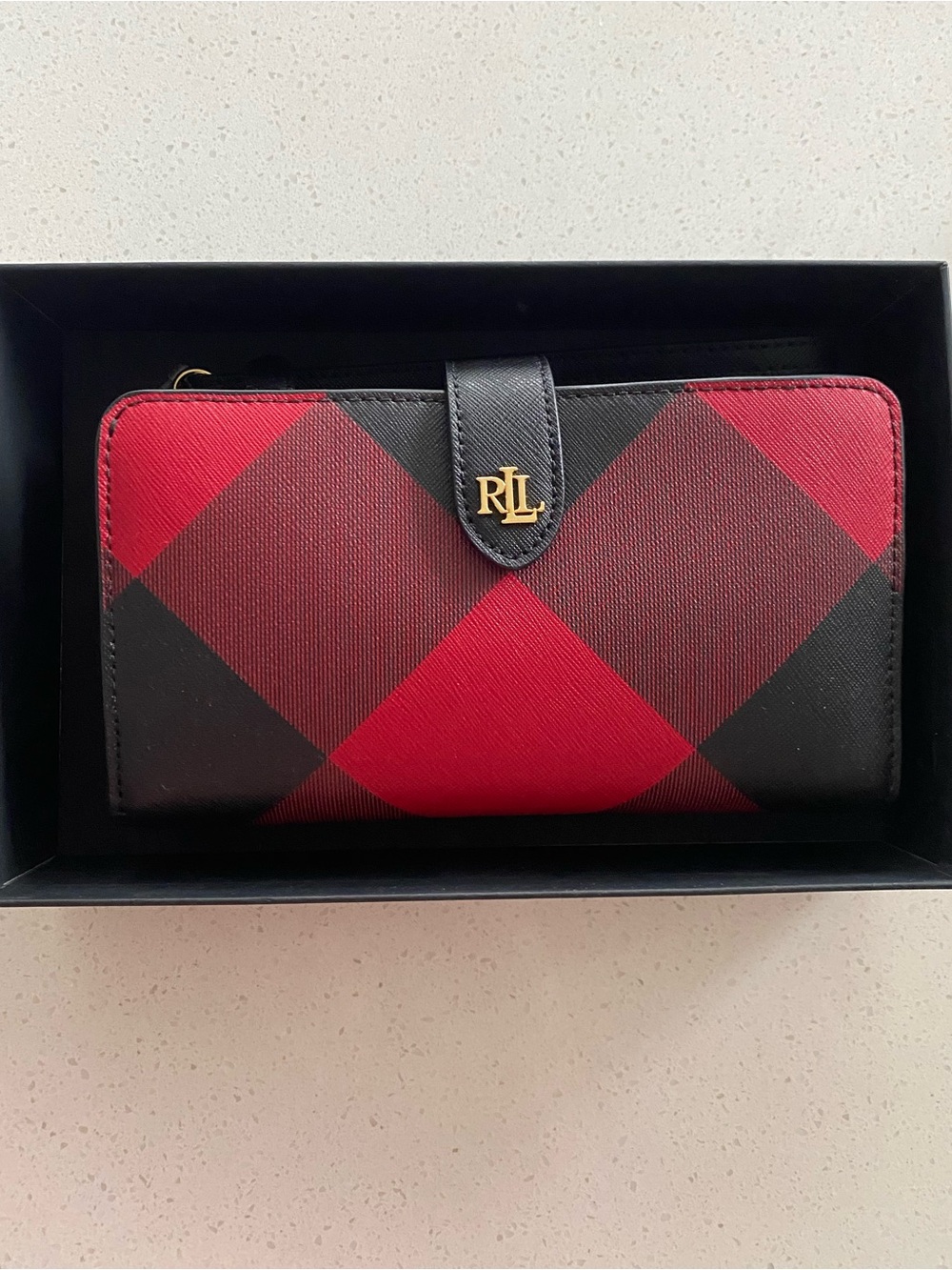 Lauren Ralph Lauren Print Crosshatch Leather Tech Wallet Wristlet Black Red Gold